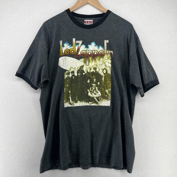 LED ZEPPELIN Mens L BAYSIDE Robert Plant Jimmy Page Stairway Ringer Cotton Gray - Picture 1 of 12